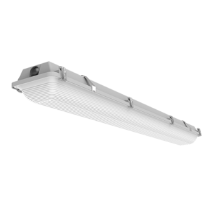 Amazon 4ft Hazardous Location wet location fixture, 9000 lumens, 120-277Vac input, 5000K CCT, with Ribbed Acrylic Frosted Lens installed.