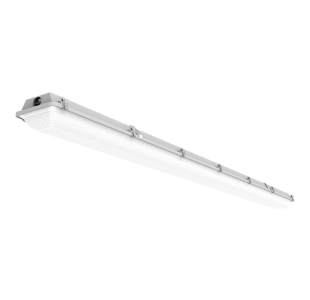 Amazon 8ft Hazardous Location wet location fixture, 8000 lumens, 120-277Vac input, 5000K CCT, with Ribbed Acrylic Frosted Lens installed.