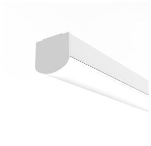 3000lm High Efficacy 3500K 2ft Discovery Strip Fixture with polycarbonate end panels and universal voltage driver(s). Glare reducing frosted curved lens installed.