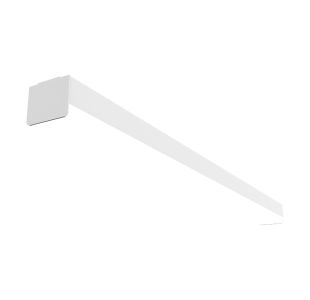 3000lm High Efficacy 3500K 4ft Discovery Strip Fixture with polycarbonate end panels and universal voltage driver(s). Glare reducing frosted flat lens installed.